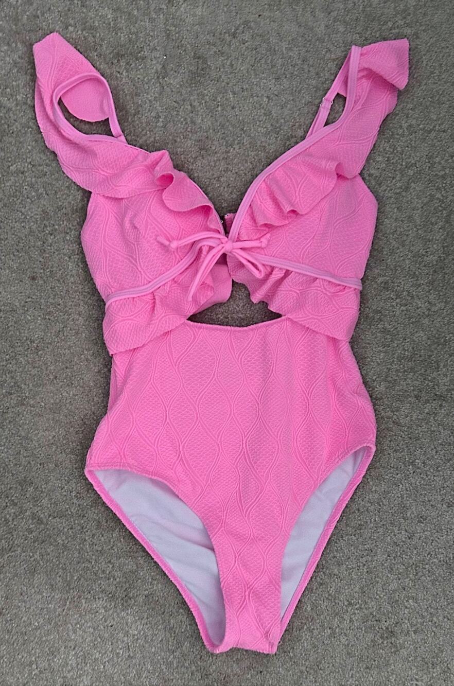 NEW! Pink Ruffle One Piece Swim Bathing Suit w/ Cut Out Bow, Small